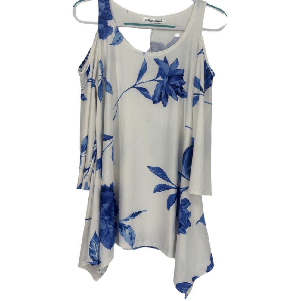 NWT White Mark Blue Floral Cold Shoulder Top Large - Picture 2 of 6